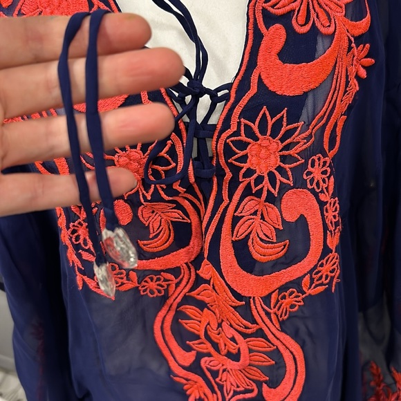 Beach Cover Up Mid-Length Kaftan with coral embroidery - Picture 7 of 16
